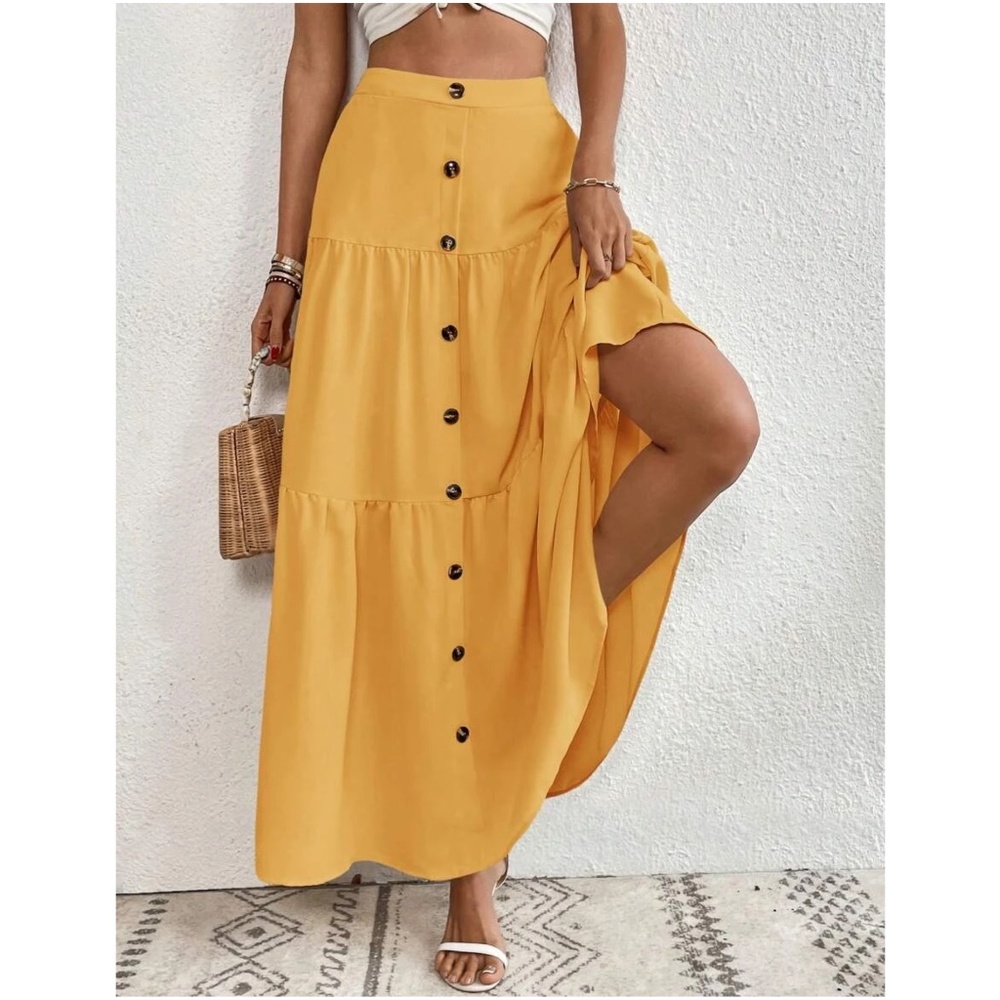 Solid High Waist Button Detail Ruffle Hem Maxi Skirt - Picture 4 of 15